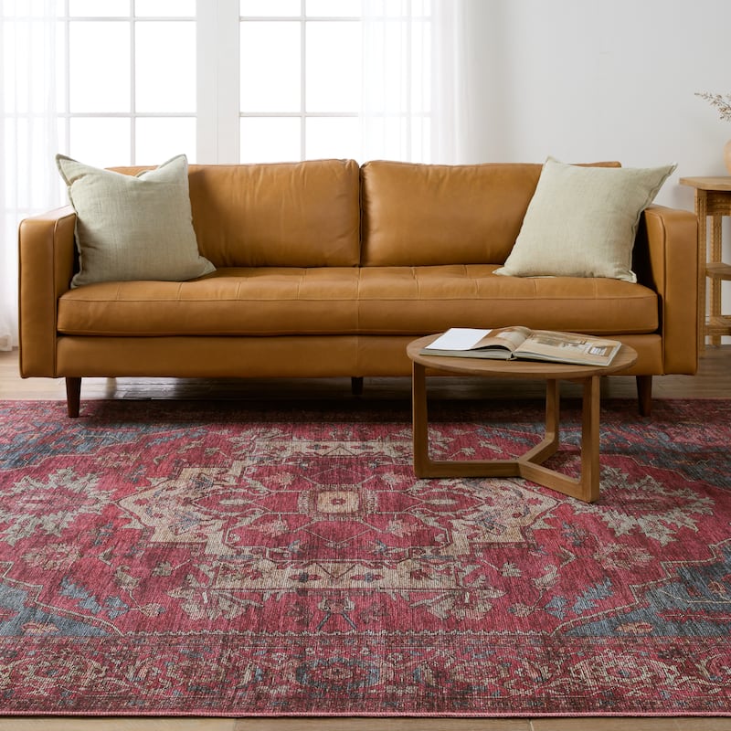 Gloria Machine Washable Medallion Red/ Blue Area Rug