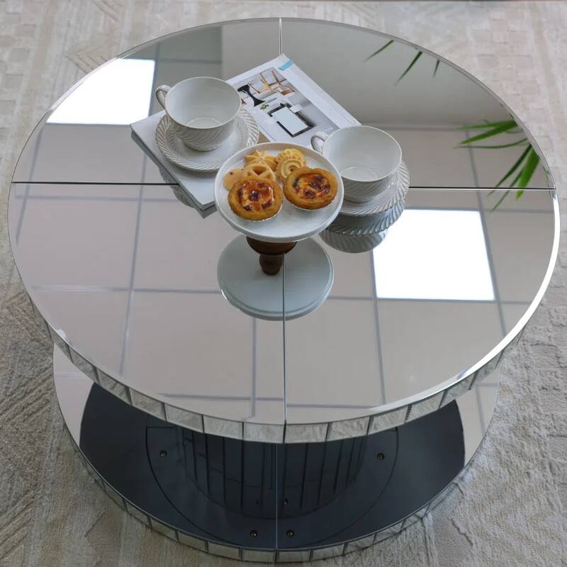 31.5" Dazzling Sliver Round Coffee Table with Fluted Mirror Design for Living Room
