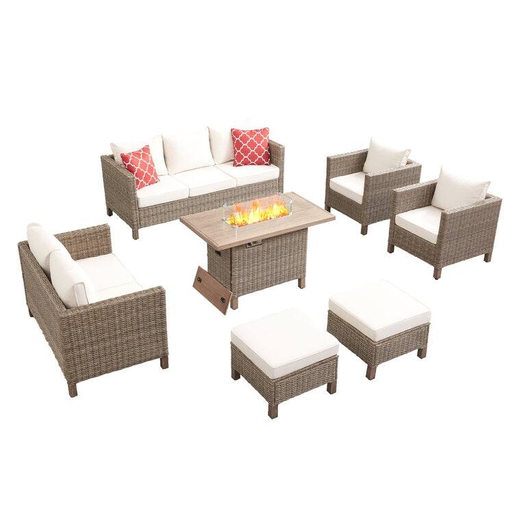 9 - Person Outdoor Wicker Patio Conversation Furniture Set With Fire Pit Table