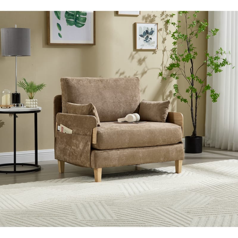 Chenille Upholstered Convertible Sleeper Recliner Foldable Chair Bed with 3 Pillows - Light Brown