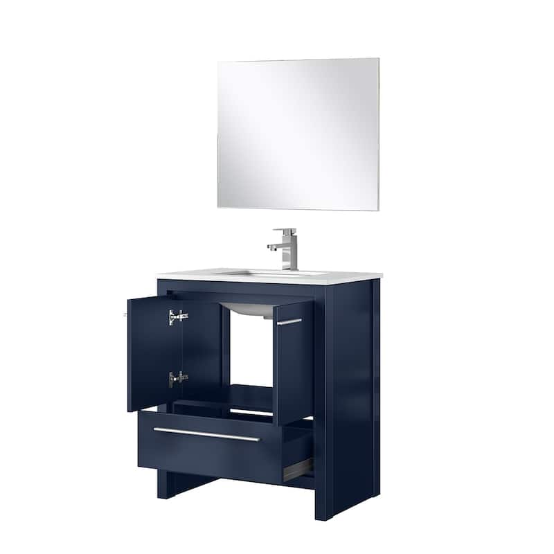 Lafarre Bath Vanity, White Quartz Top, Chrome Faucet Set and Mirror