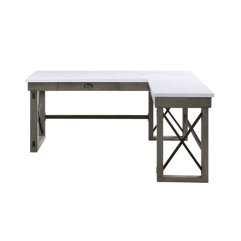 Elegant L-Shaped Writing Desk with Lift-Top Storage, Spacious Drawer & Marble Finish for Corner Workspaces