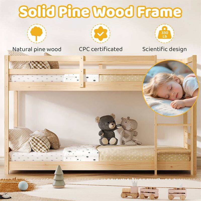 Kids Low Floor Bunk Bed Twin Over Twin With Guard Rails And Stairs