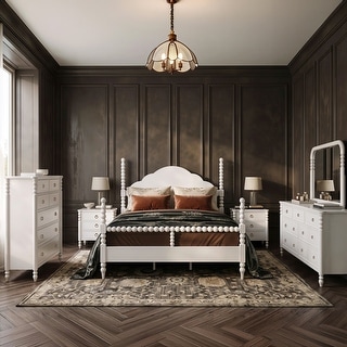 Roundhill Furniture Avellune 4-Piece Bedroom Set: Poster Bed with Dresser, Mirror, Chest, and 2 Nightstands, White Finish