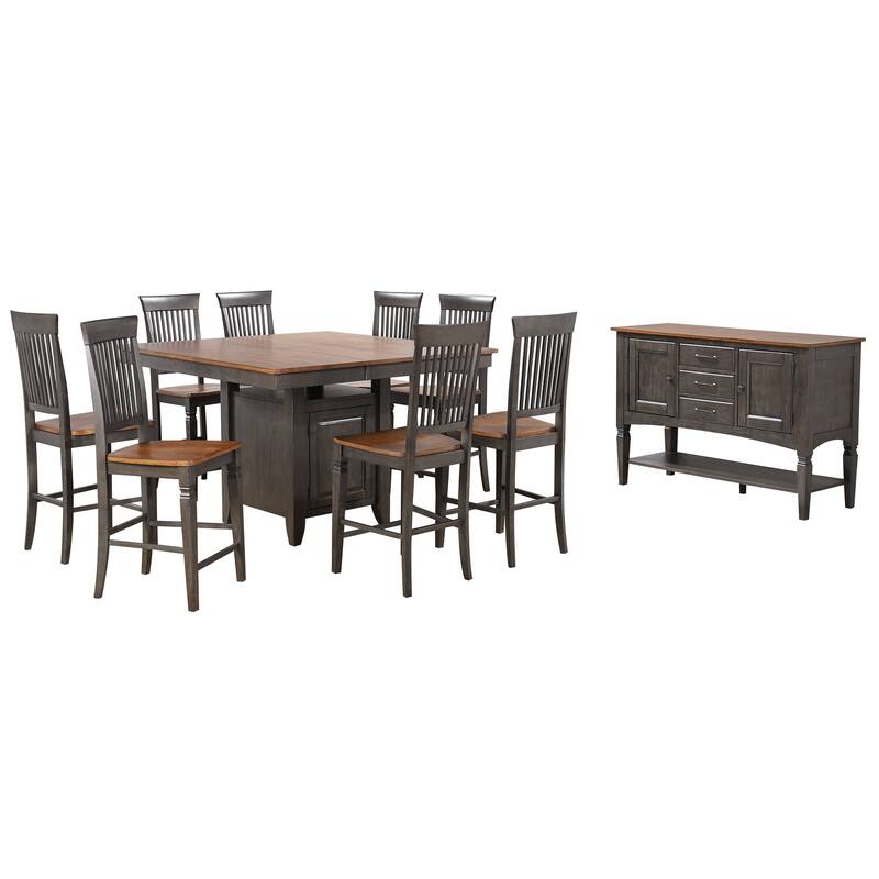 Counter Height Dining Set 5Pc Extendable Table 8 Stools Storage Cabinet Distressed Wood