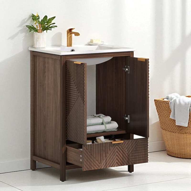 24" Bathroom Vanity with Ceramic Sink, Single Faucet Hole, Drawer Storage, Soft Close Doors and Textured Panels