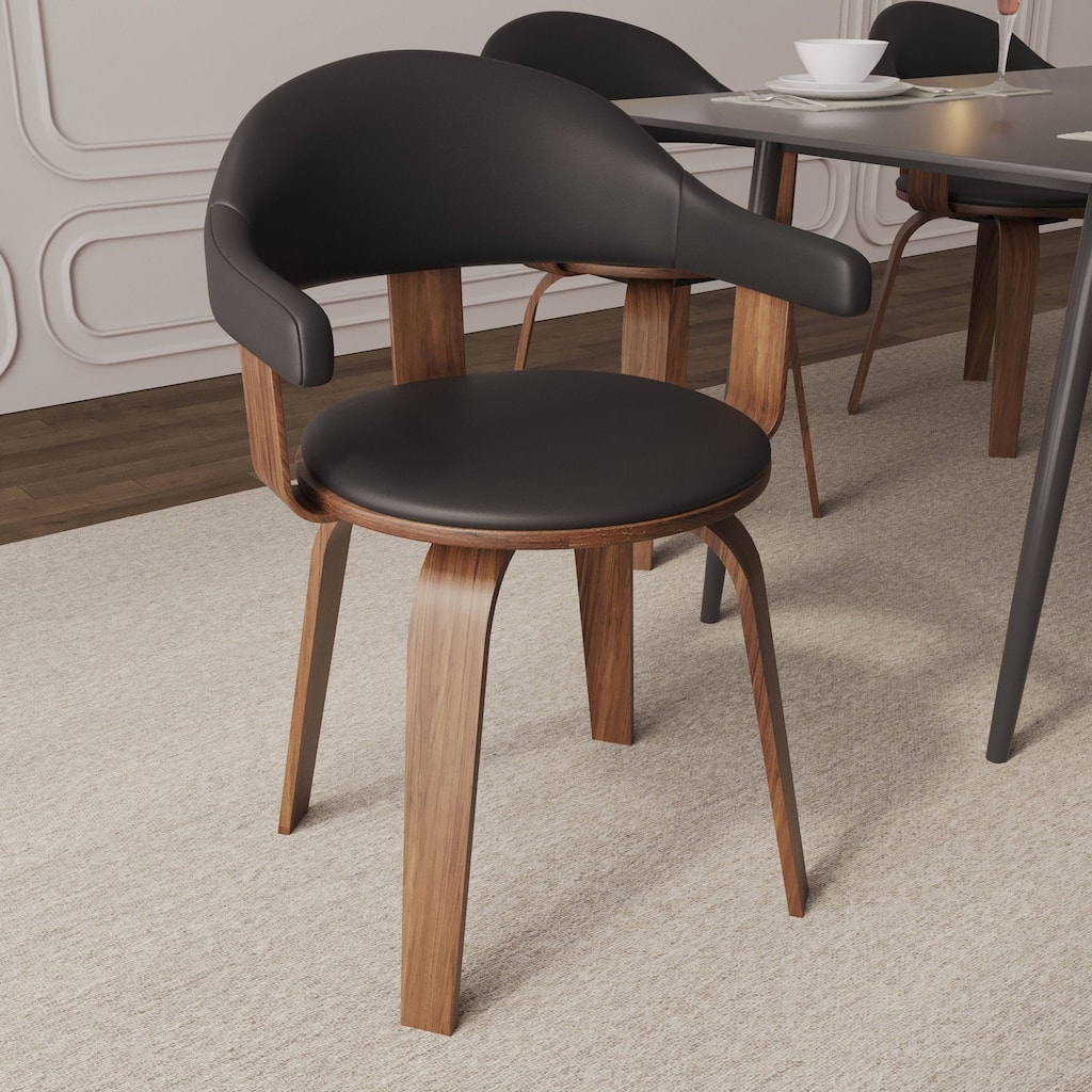 Leather Dining Chair in Solid Wood Accent Arm Chair Open Curved Back Design