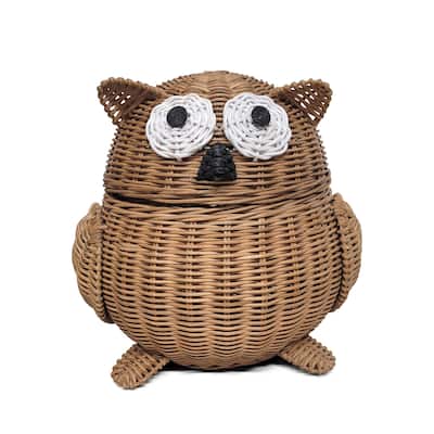 Brown Owl Rattan Storage Basket with Lid Decorative Home Decor Hand Woven Shelf Organizer Cute Handmade Handcrafted Gift Art
