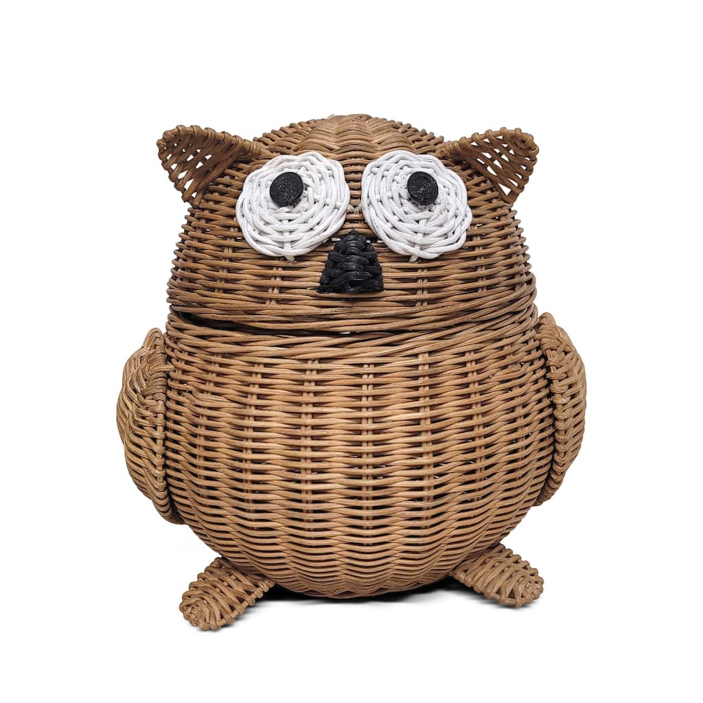 Brown Owl Rattan Storage Basket with Lid Decorative Home Decor Hand Woven Shelf Organizer Cute Handmade Handcrafted Gift Art