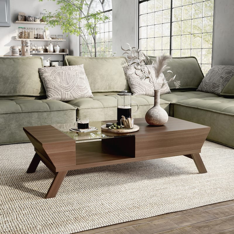 Kress Mid-Century Modern Walnut 47-inch Glass Insert 1-Shelf Coffee Table by Furniture of America