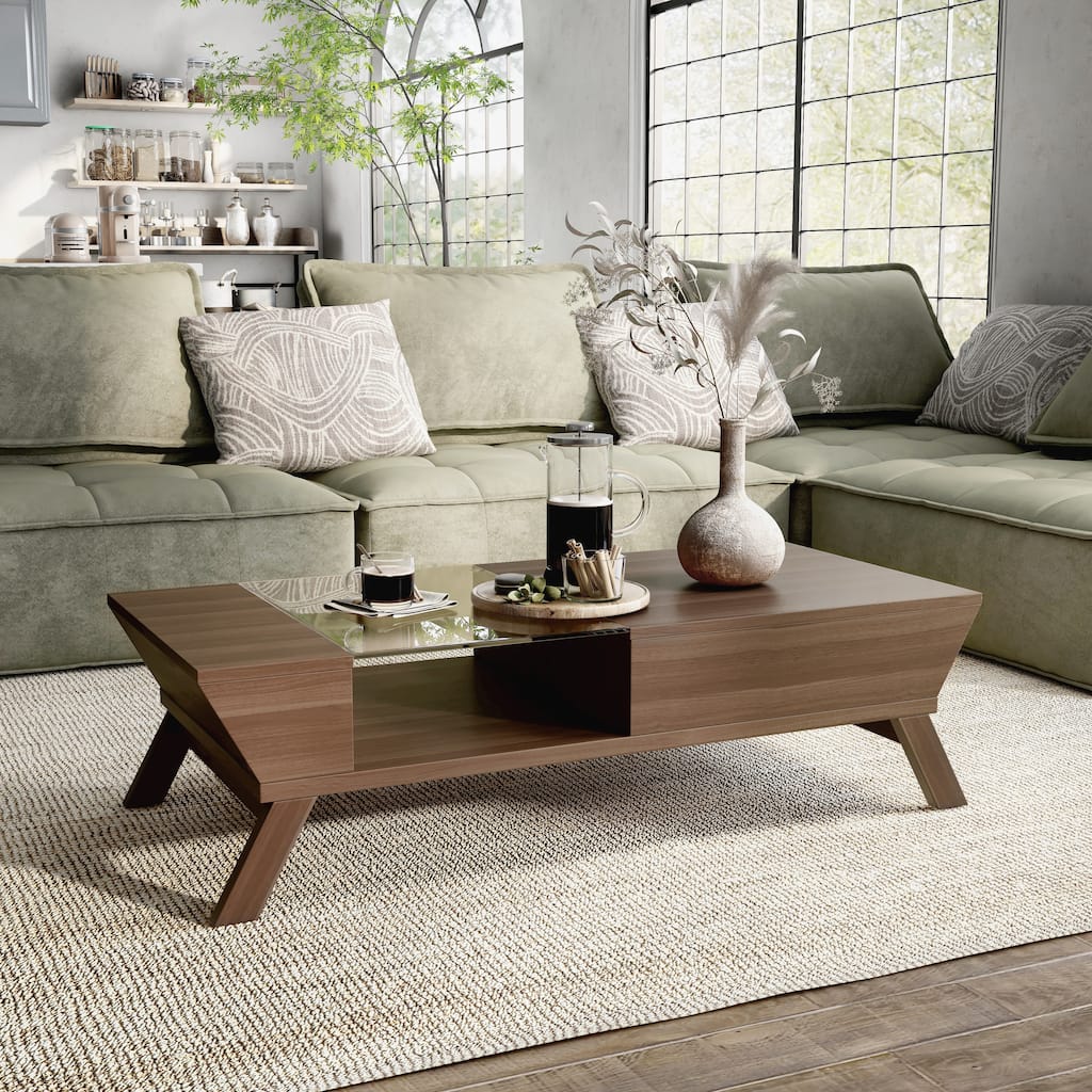 Kress Mid-Century Modern Walnut 47-inch Glass Insert 1-Shelf Coffee Table by Furniture of America