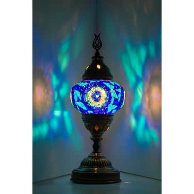 14.5 in. Handmade Blue Center Circle Mosaic Glass Table Lamp with Brass Color Metal Base