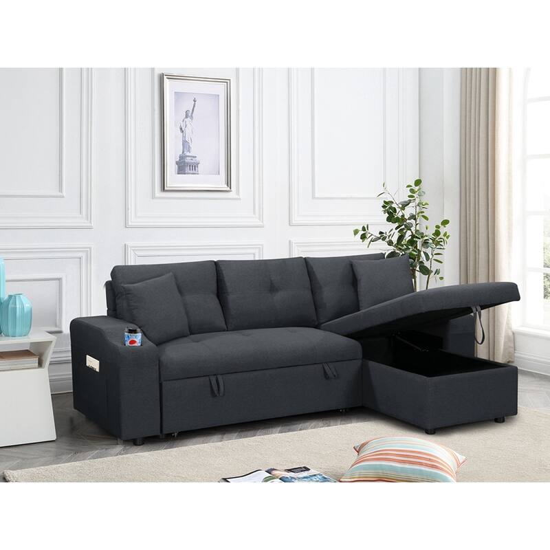 Upholstered Pull Out Sectional Sofa with Storage Chaise
