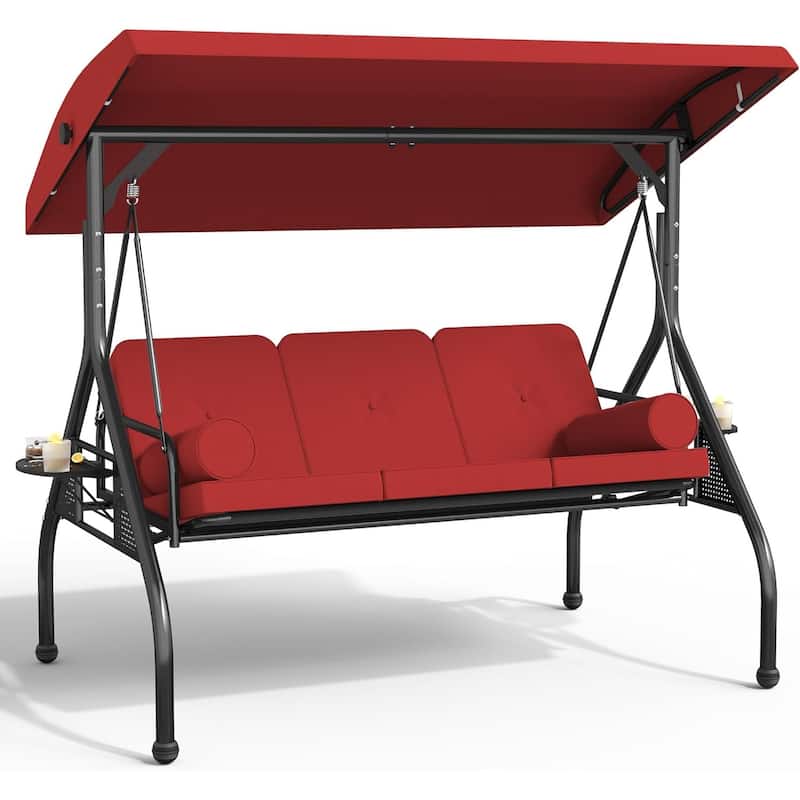 Outdoor Patio 3-Seat Porch Swing Cushioned Seat Bench Chair with Adjustable Tilt Canopy & Side Trays