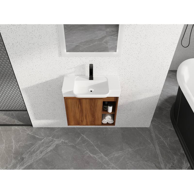 24'' Wall-Mounted Bathroom Vanity with White Ceramic Sink & Soft-Close Door, KD-Packing