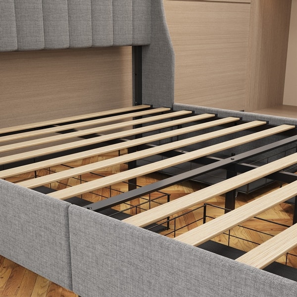 Light Gray Queen Size Bed with 4 Underbed Pullout Drawers, Wings