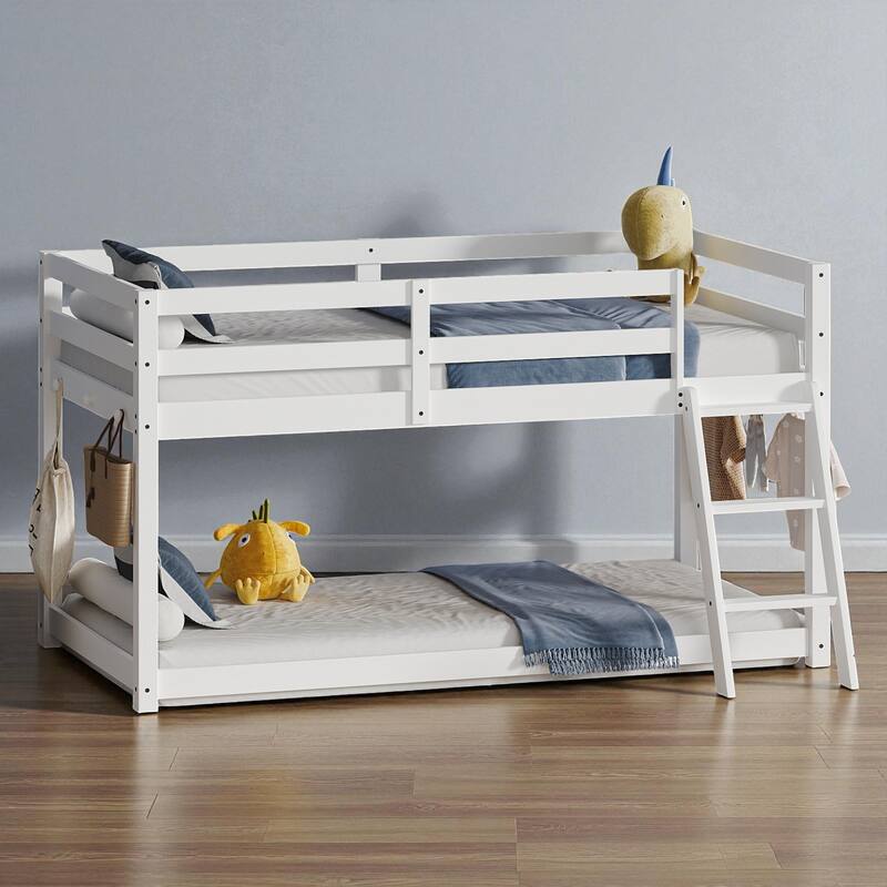 Kids Twin Convertible Low Loft Bed to Bunk Bed, Solid Wood Modern Frame with LED Strip Lighting and Storage Hooks - White - Twin