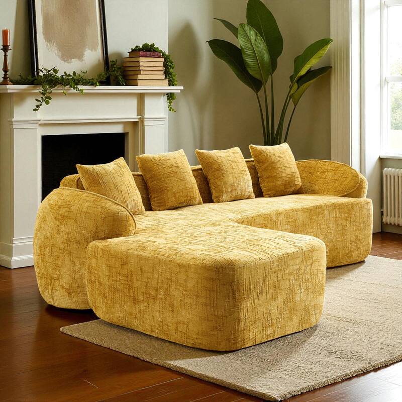 Chenille L-Shaped Compressed Sofa, 4-Seat Sectional Couch with Curved Armrests, High-Elastic Sponge & 4 Throw Pillows