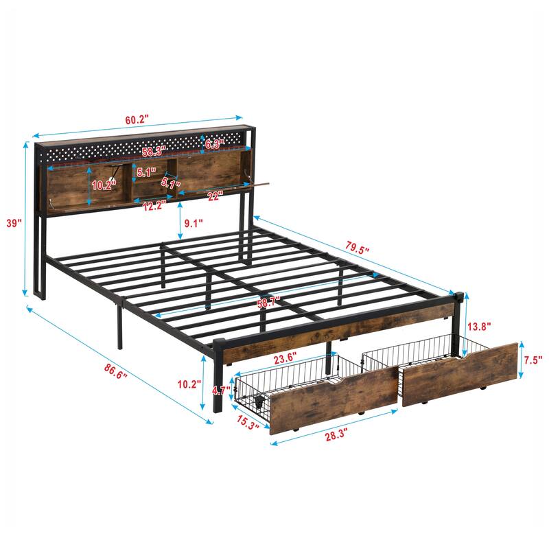 Queen Size Metal Platform Bed Frame with Footboard USB,Charging Station,2 Drawers,storage, LED Lights, No Box Spring Needed