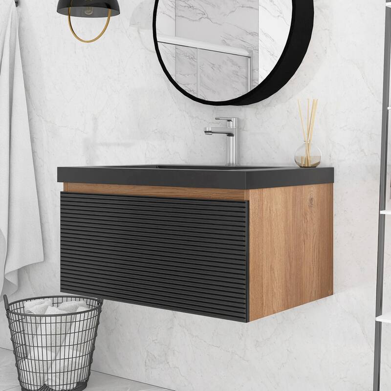 MDF Wall-Mounted Bathroom Vanity Set with Integrated Resin Sink with Drain in Matte Black
