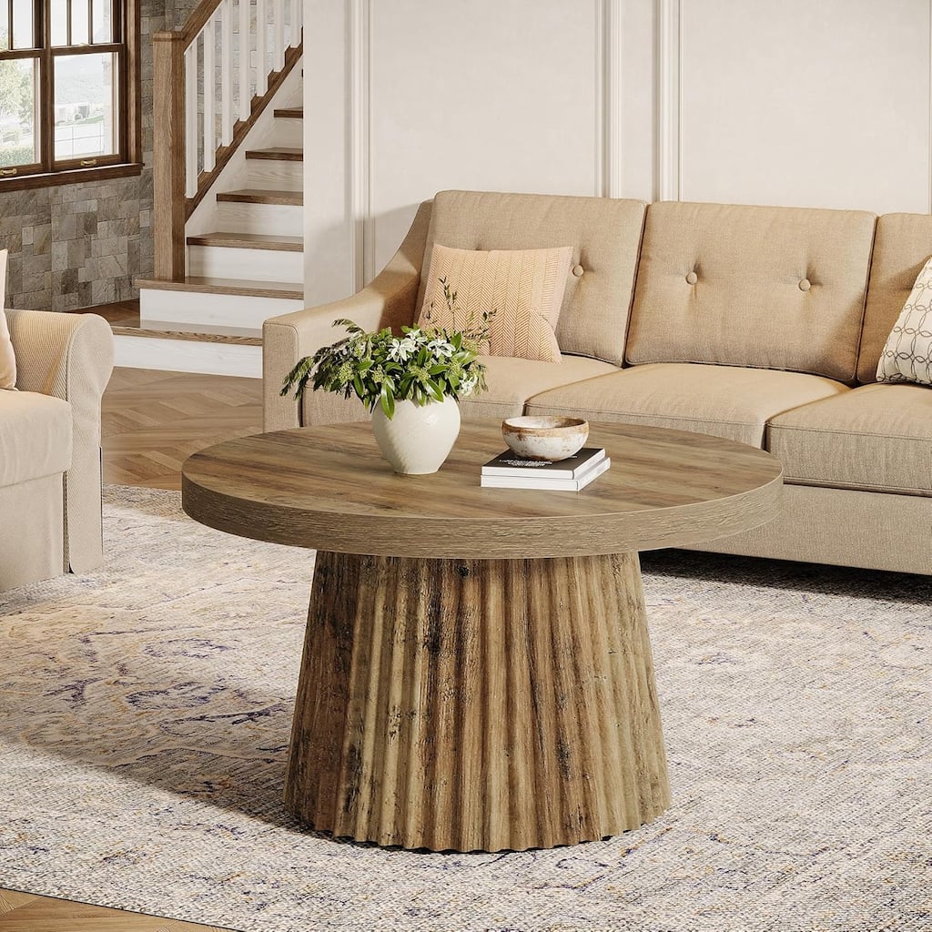 Round Coffee Table, 31.5" Modern Circle Center Table with Fluted Drum Base