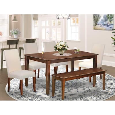 Rectangular Dining Set - 6pc Table & Chairs with Bench - Linen Fabric Cream - Home Dining Room Furniture