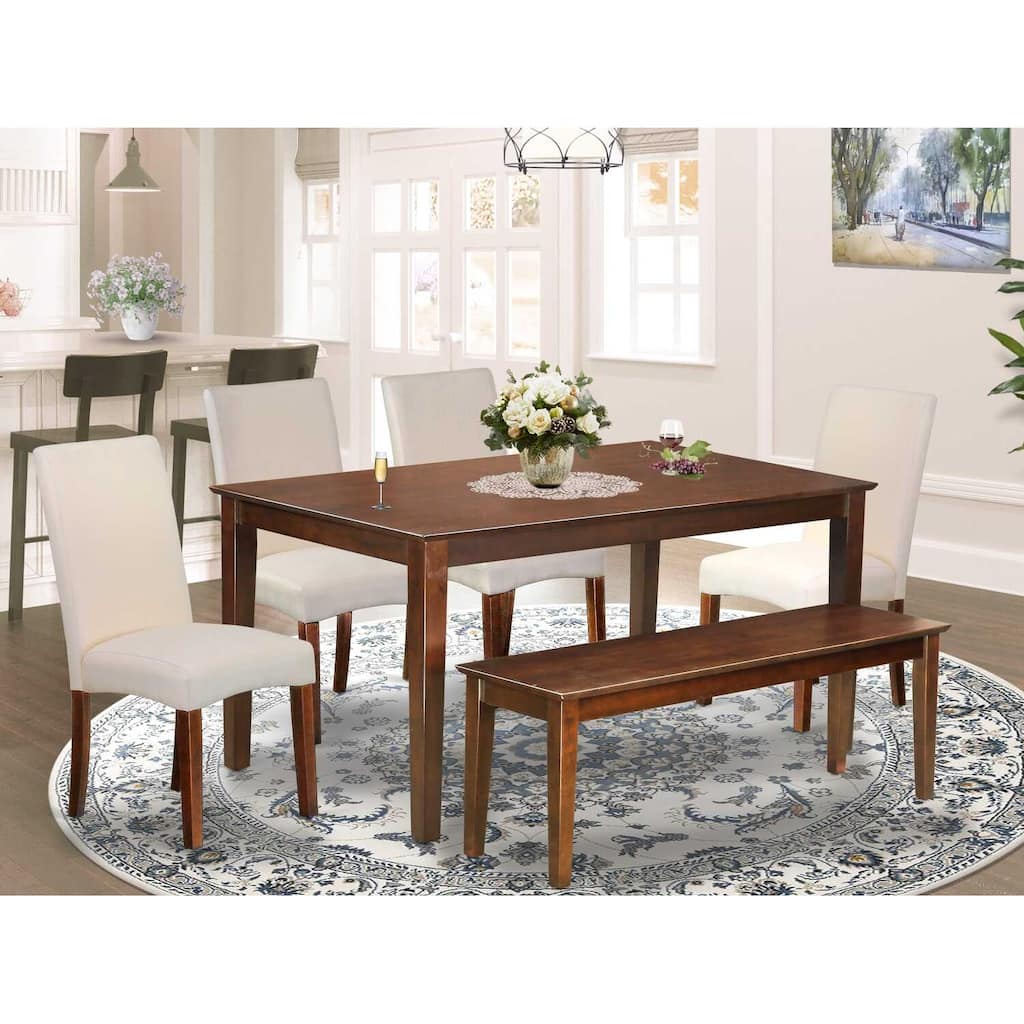 Rectangular Dining Set - 6pc Table & Chairs with Bench - Linen Fabric Cream - Home Dining Room Furniture