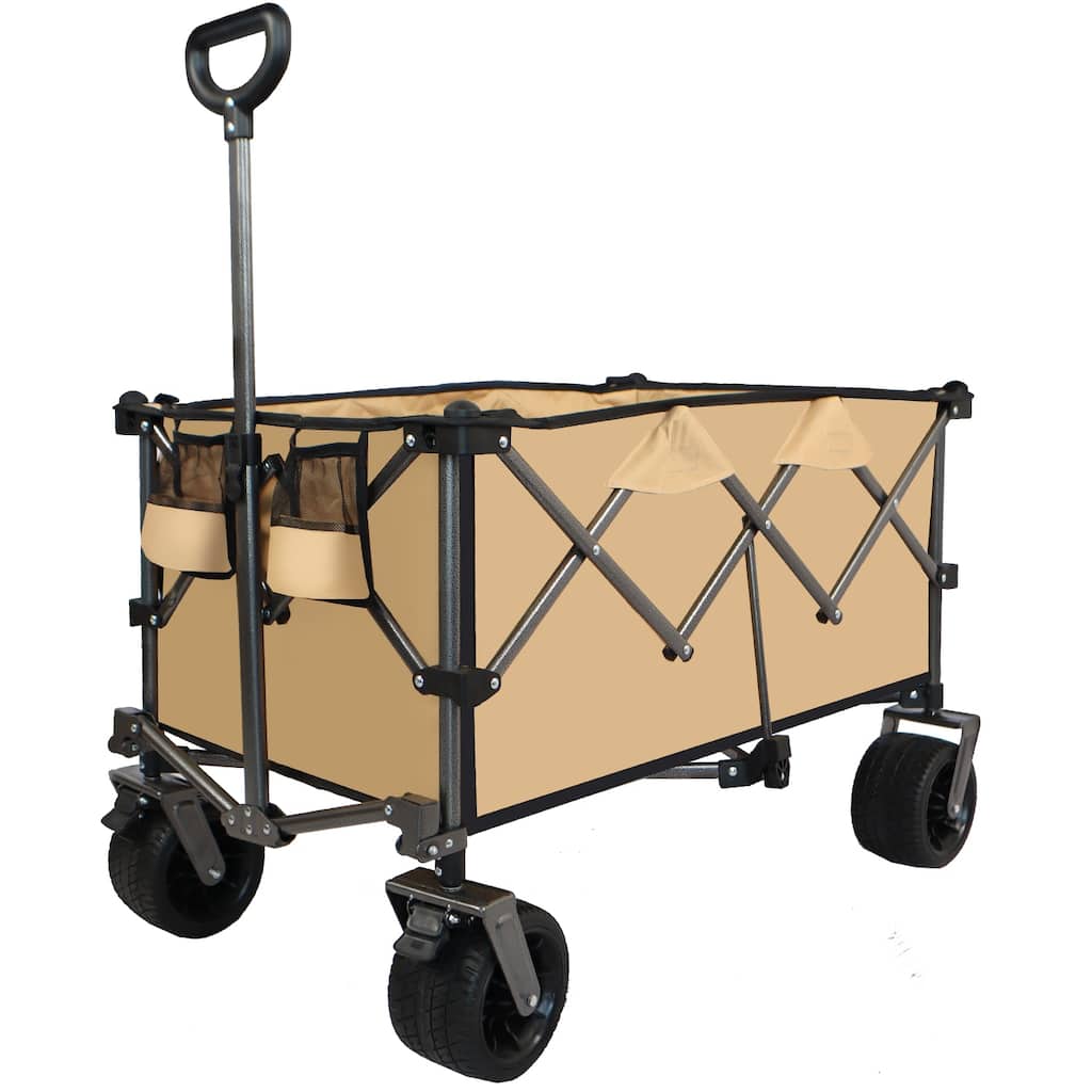 Heavy-Duty 360lb Folding Utility Wagon - All-Terrain Quiet Wheels with Adjustable Handle & Cup Holders, Gray-Brown