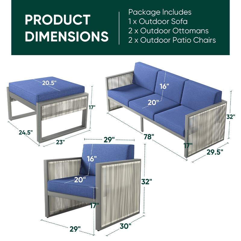 Pocassy 5-Piece Outdoor Sofa Patio Chair with Ottoman