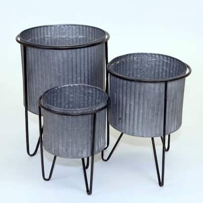 Grey Metal Containers On Metal Stands Planters (Set Of 3)