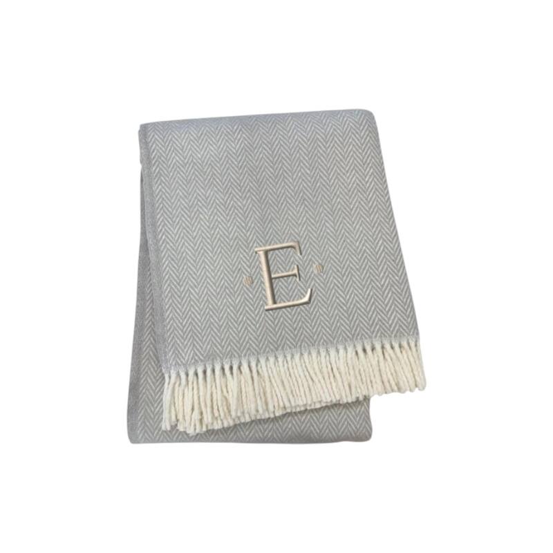 55" X 70" Gray And White Herringbone Cotton Blend A Initial Throw Blanket with Tassels And Embroidery - E