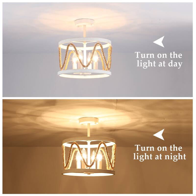 4-Light Hemp Rope Semi- Flush Mount with No Bulbs Included