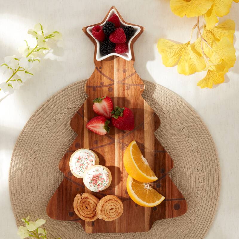 Tabletops Gallery Set of 2 Christmas Tree Acacia Wood Serving Board with Ceramic Bowl