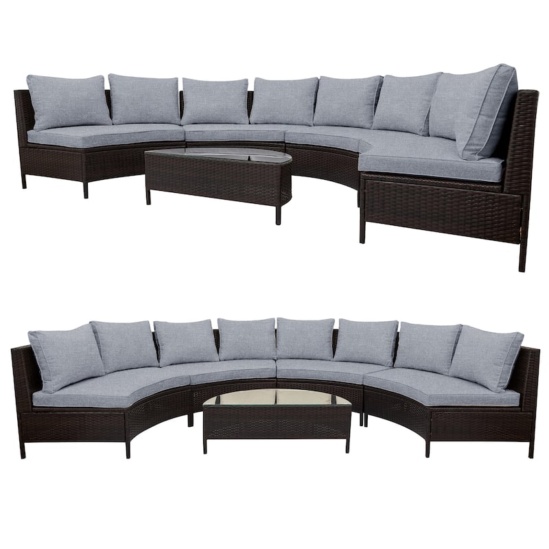 Half Moon Patio Outdoor Rattan Sectional Sofa Set with Cushion & Table