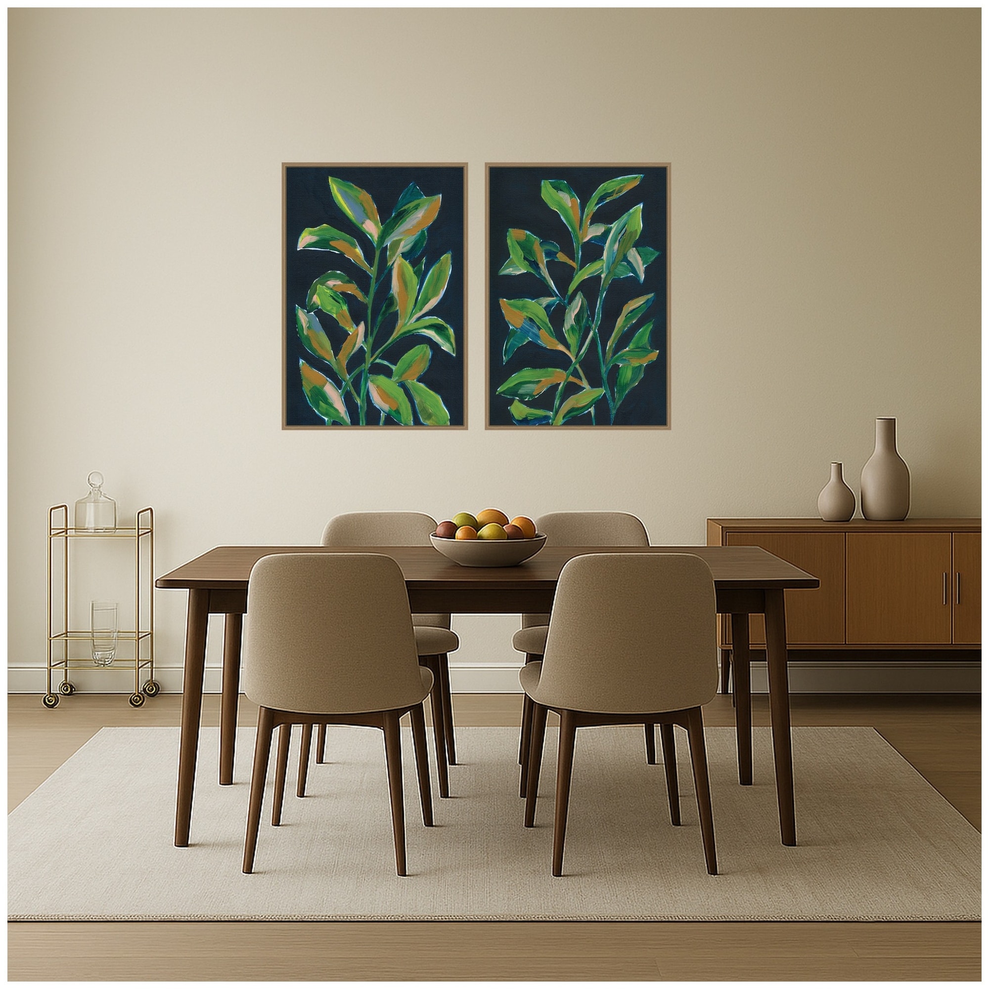 Kate and Laurel Foliage II on Dark Navy Blue 2 Piece Framed Canvas Wall Art Set by Nikita Jariwala
