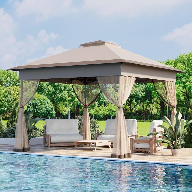 Bezseller 11' x 11' Pop -up Gazebo Tent with Mosquito Netting, Outoor Canopy Tent for Patio Garden Backyard Party - Khaki