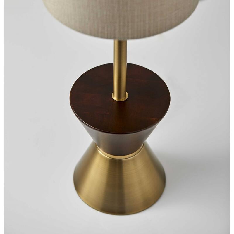 Dark Brown Walnut Wood Brass Base Mid Century Table Lamp with Beige Drum Shade - 8” x 8” x 23” (D x W x H)
