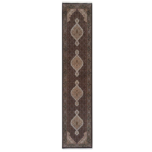 Shahbanu Rugs Tabriz Mahi Fish Medallion Design Wool And Silk Hand Knotted Black Oriental Runner Rug (2'8" x 13'3"). Opens flyout.