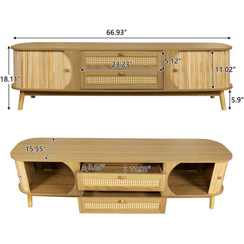 66" Rattan TV Stand with Solid Wood Doors for TVs Up to 75", Rustic Farmhouse Entertainment Center