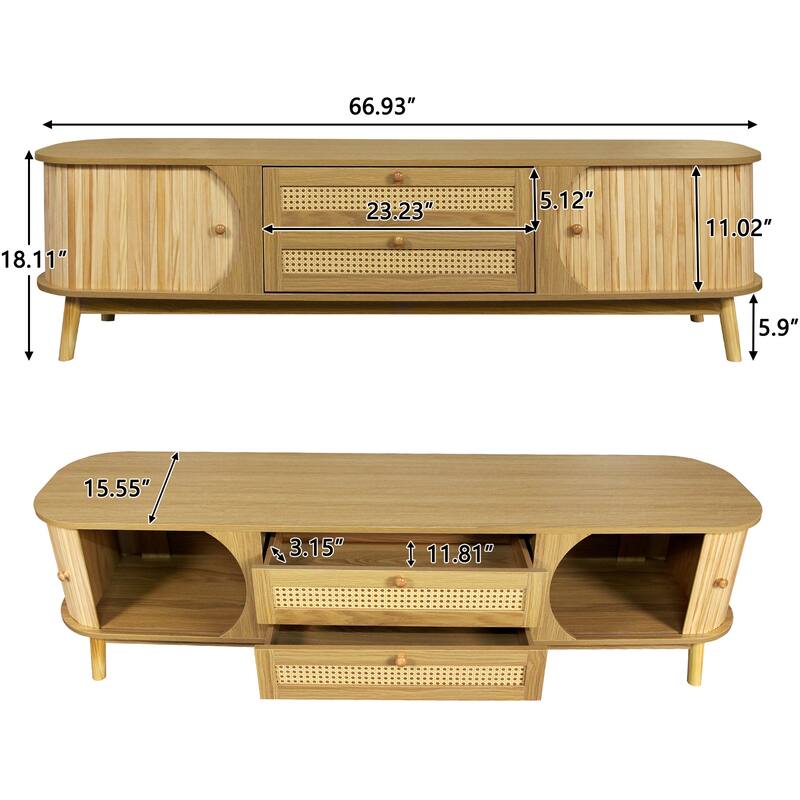 Rattan TV Stand for TVs up to 75'', Modern Farmhouse Media Console, Entertainment Center with Solid Wood Legs, TV Cabinet