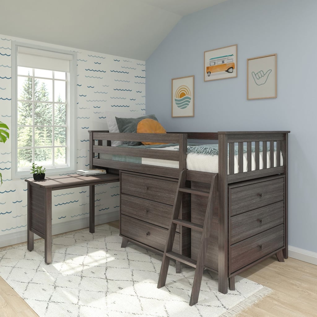 Max and Lily Twin-Size Low Loft with Pull-Out Desk and 3-Drawer Dressers