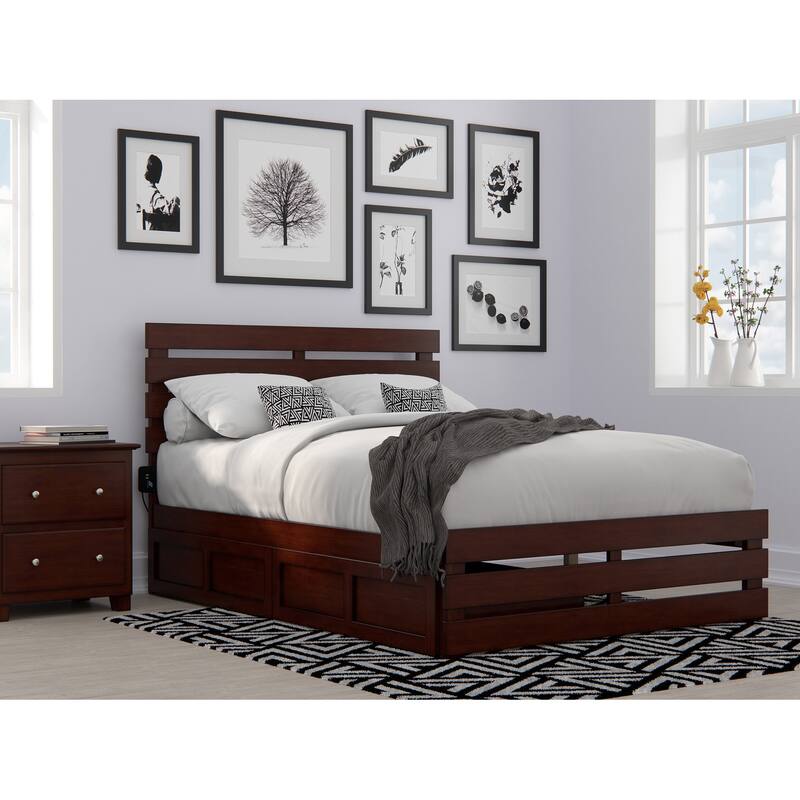 Oxford Bed with Footboard and USB Turbo Charger with 2 Drawers - Walnut - Full