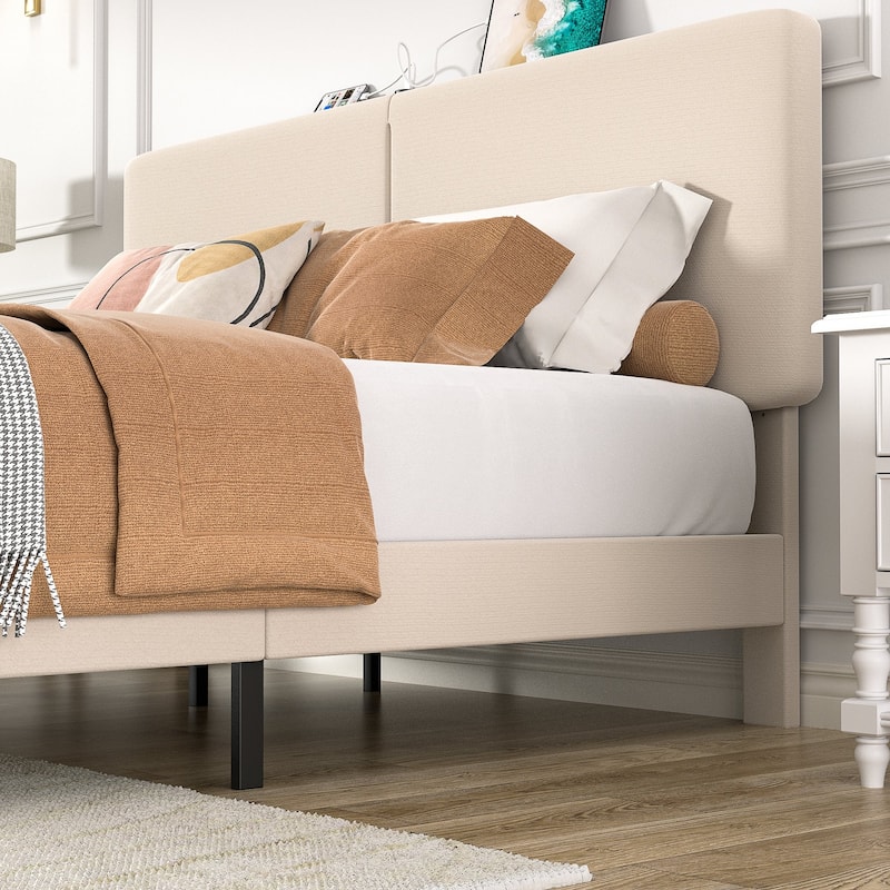 VECELO Adjustable Upholstered Split Headboard Bed Frame with Charging Station USB Port Type C No Box Spring Needed Noiseless Bed