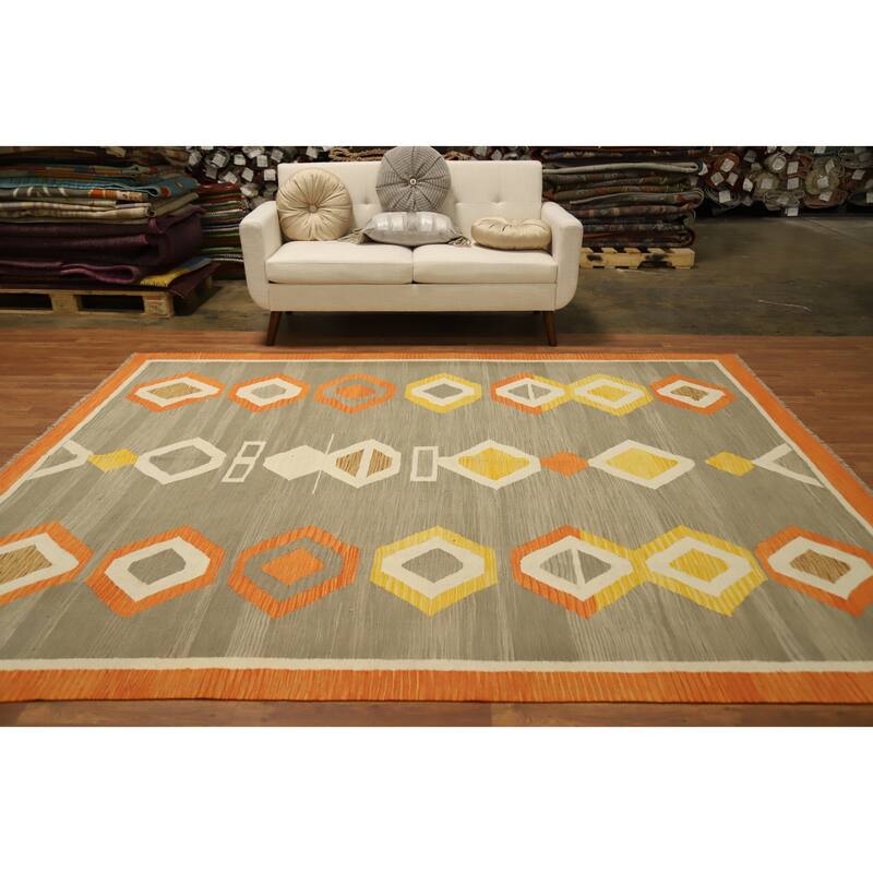 Hand Woven Oriental 100% Wool Carpet Southwestern Tribal Greys & Charcoal Kilim Area Rug - 9' 6'' X 8' 0''