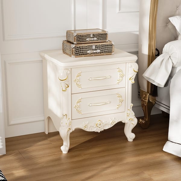 French Style Nightstand with 2 Drawers Vintage White and Gold Bedside Table for Bedroom Elegant Accent Storage Cabinet