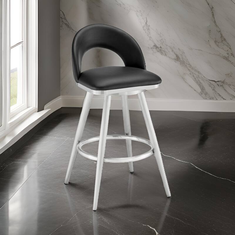 Visy 30 Inch Swivel Barstool Chair, Round Open Back, Black Faux Leather