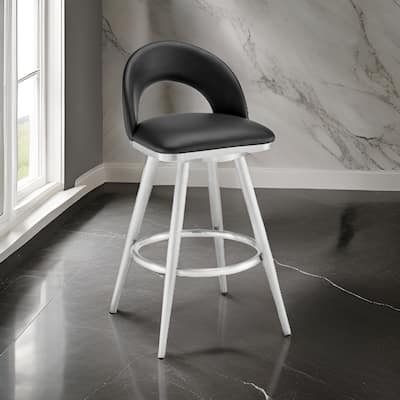 Visy 30 Inch Swivel Barstool Chair, Round Open Back, Black Faux Leather