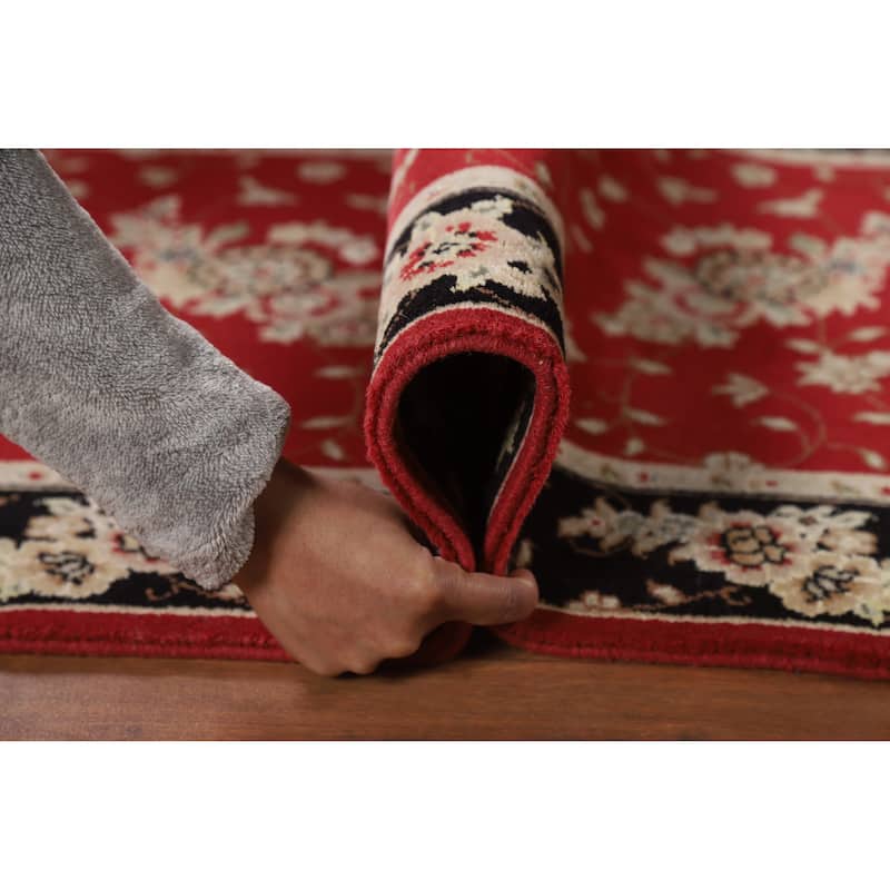 Red Floral Tabriz Chinese Runner Rug Handmade Wool and Silk Carpet - 2'5" x 8'1"