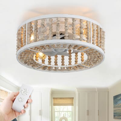 Cusp Barn 19" Rustic Boho Caged Ceiling Fan with Lights, Wood Beaded Flush Mount Fandelier, Low Profile Quiet Motor for Bedroom