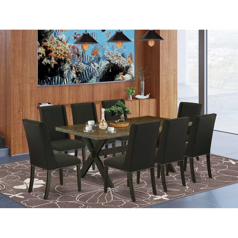 Elegant 9-Piece Dining Set - Rectangular Table & 8 Parson Chairs - Mahogany & Light Tan Finish